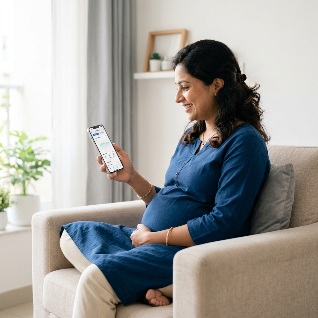 Pregnant woman smiling — Pregnancy Tracker by BookMyPatho